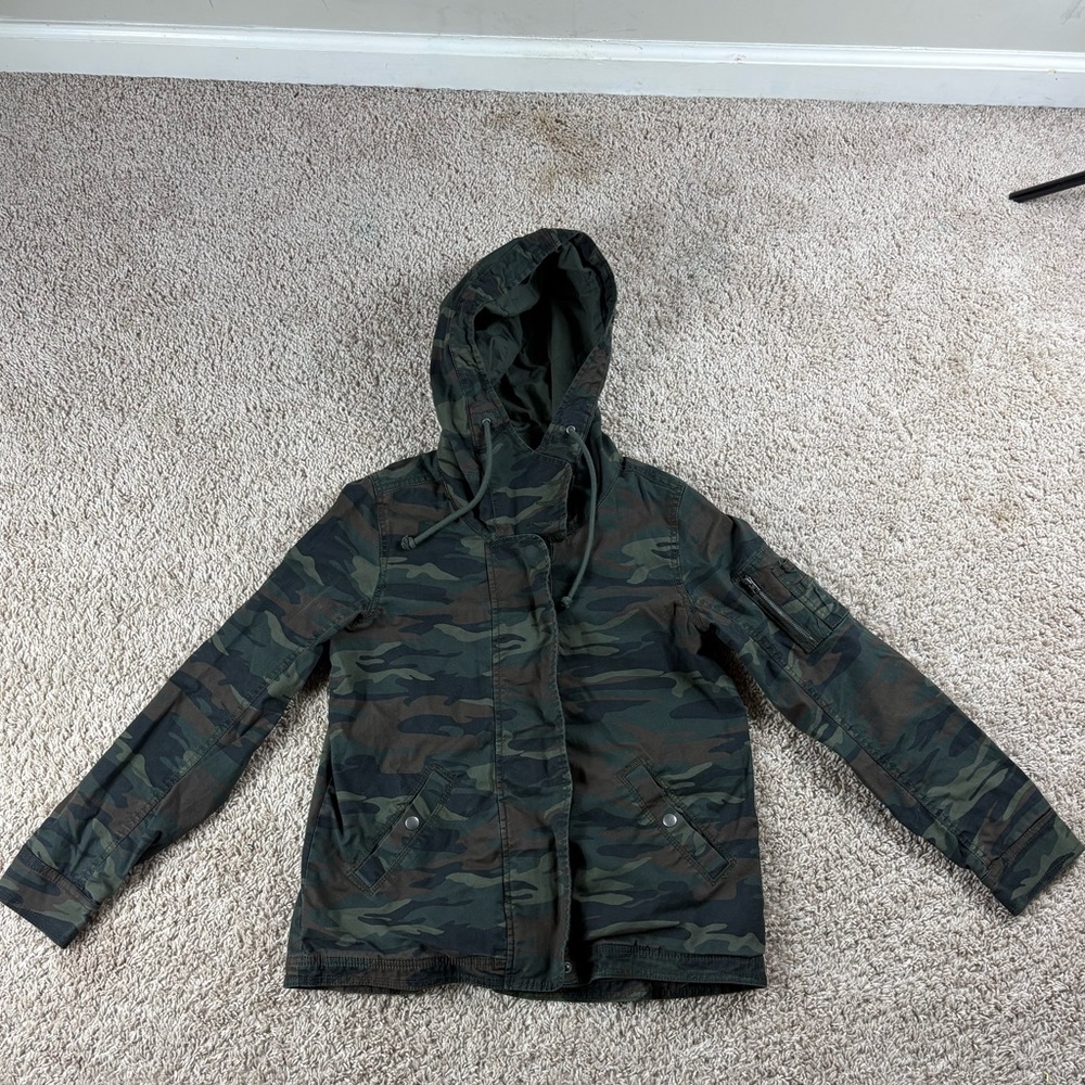 American Eagle Jacket Women Medium Green Brown Camo Full Zip Hooded Floral Love
